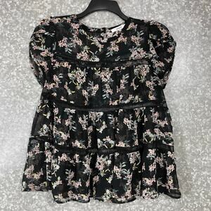 RO&DE Women's Black & Pink Floral Boho Tiered Blouse - Size Small - Crochet Lace